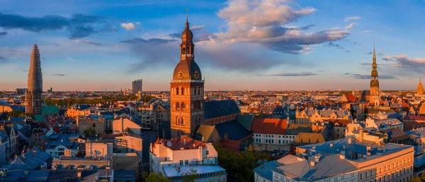 Aerial Shot City Riga Capital Latvia Beautiful Cathedral Spires Sunset — Stock Photo, Image