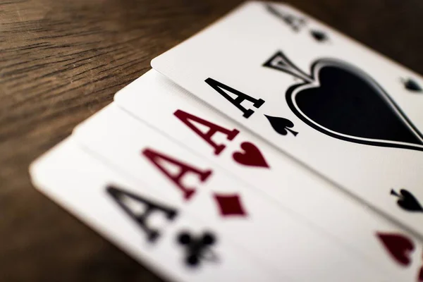 Selective Focus Shot Four Aces Wooden Table — Stock Photo, Image