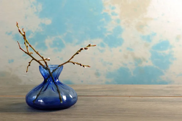 Closeup Pussy Willow Branches Beautiful Blue Glass Vase Wooden Surface — Photo