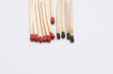 A close up shot of waterproof burnt and unburned matches on a white background clipart