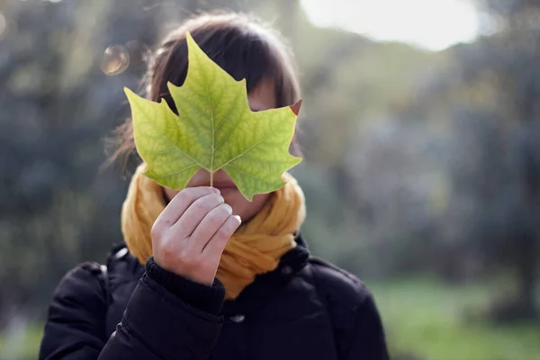 Shallow Focus Closeup Shot Female Holding Green Maple Leaf Front — Stock Photo, Image