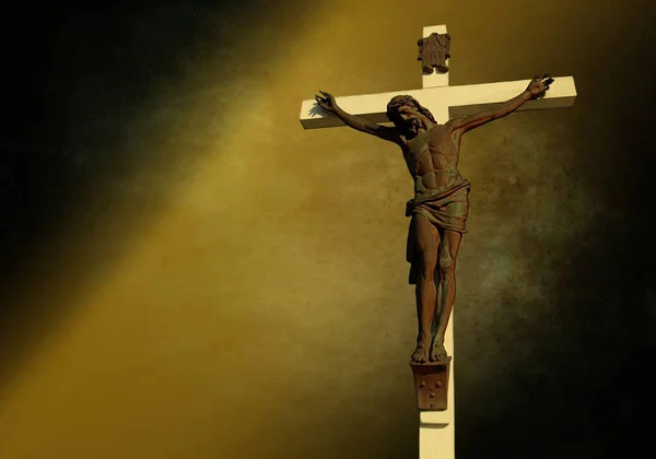 Jesus Cristo Uma Cruz Madeira Com Fundo Escuro — Fotografia de Stock