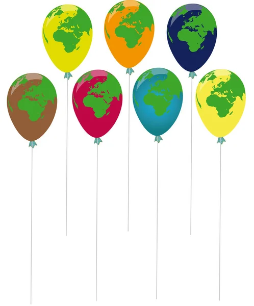 白い背景に地球地図のプリントが孤立したカラフルな風船のイラスト — ストック写真