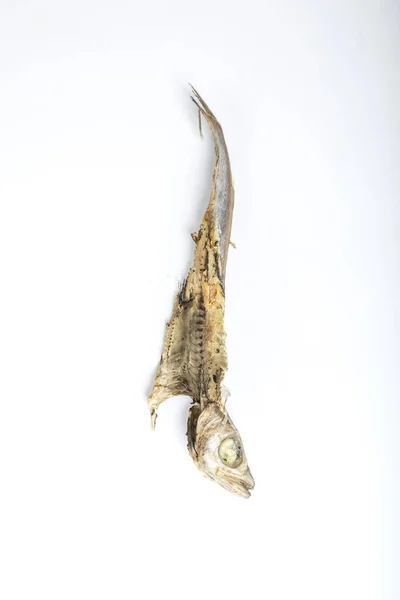 Κάθετη Λήψη Σκελετού Αποξηραμένου Ψαριού Λευκό Φόντο — Φωτογραφία Αρχείου