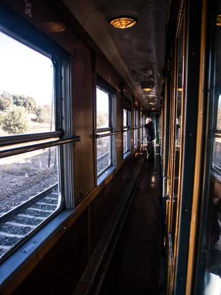 Passenger Looking Out Window Moving Train — Stock Photo, Image