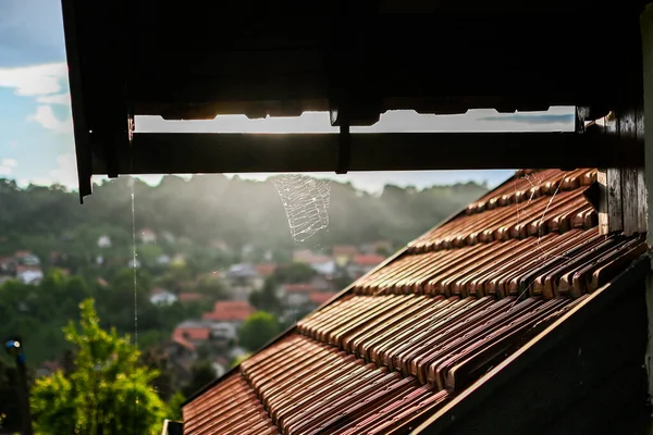 Ein Spinnennetz Auf Einem Dach Mit Einer Verschwommenen Stadt Hintergrund — Stockfoto