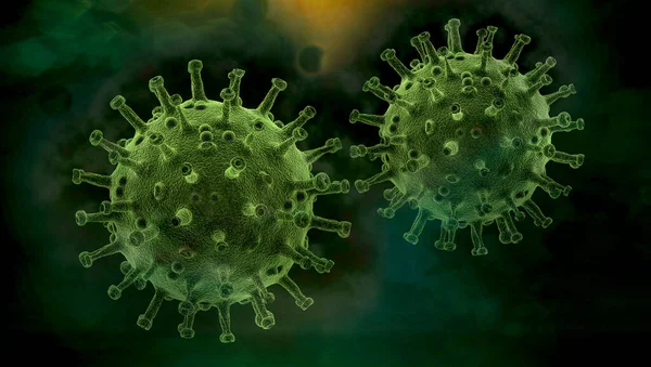 Sebuah Rendering Sel Sel Coronavirus Hijau Pada Latar Belakang Gelap — Stok Foto