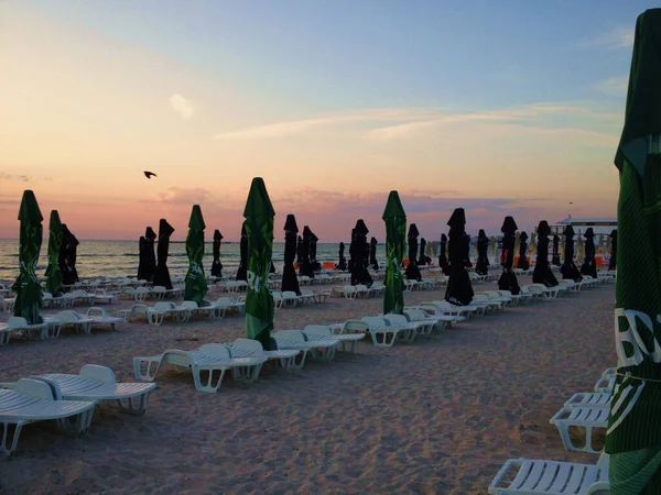 Mamaia Romania Серпня 2017 Парасольки Пляжі Вранці Морський Берег — стокове фото