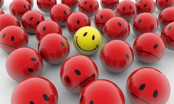 Een Gele Bal Met Een Glimlachend Gezicht Tussen Boze Rode — Stockfoto