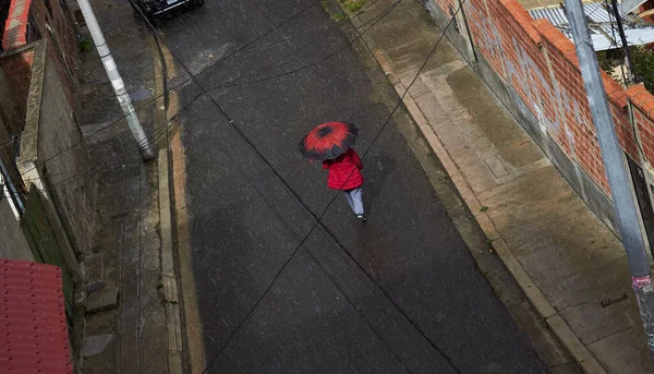 通りに雨の中を傘を持って歩く女性の高い角度の眺め — ストック写真