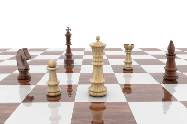 白い背景を持つチェス盤のチェスフィギュアの3Dレンダリングイラスト — ストック写真