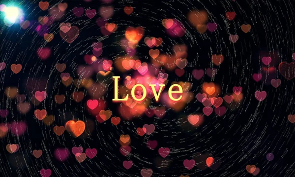 Fondo Oscuro Con Coloridas Luces Bokeh Forma Corazón Texto Love — Foto de Stock