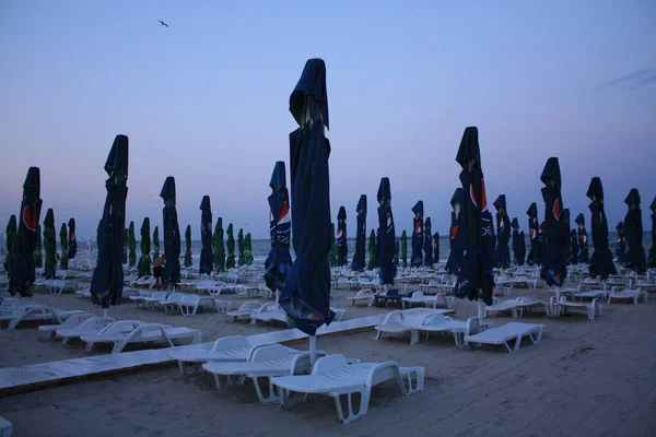 Мамайя Румыния Августа 2017 Года Зонтики Пляже Утром Берегу Моря — стоковое фото