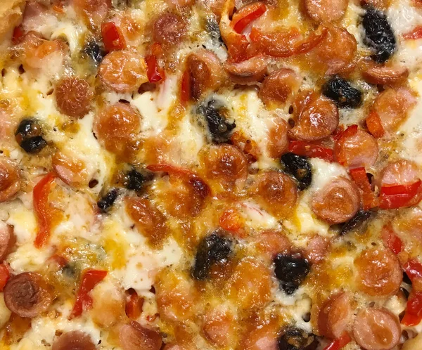 Närbild Färska Välsmakande Hemlagad Pizza Som Färgglada Texturerad Mat Bakgrund — Stockfoto