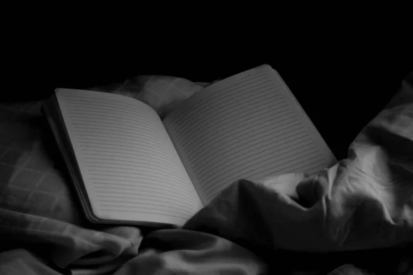 Eine Künstlerische Graustufenaufnahme Eines Offenen Leeren Notizbuchs Auf Einem Bett — Stockfoto