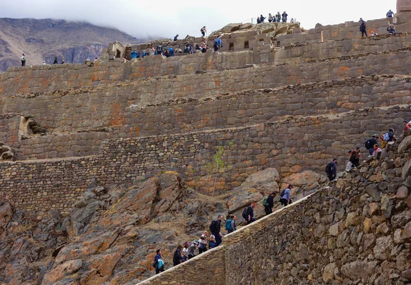 Ollantaytambo Perú 2019 Los Turistas Exploran Las Ruinas Del Parque —  Fotos de Stock