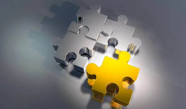 Rendering Yellow Puzzle Silver Puzzles Concept Distinctiveness — Stock Photo, Image