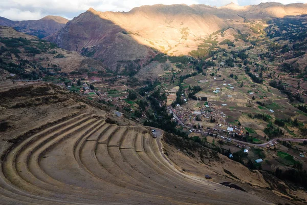 Plano Ángulo Alto Del Parque Arqueológico Pisac Capturado Perú — Foto de Stock