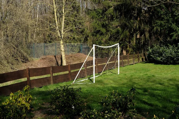 Poteau Métallique Sur Terrain Recouvert Herbe Entourée Clôtures Bois — Photo