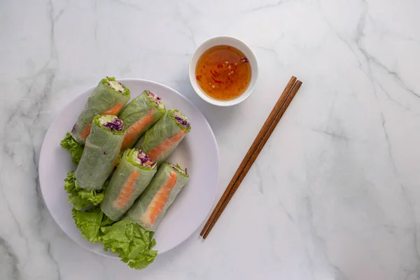 Uma Foto Aérea Rolos Vietnamitas Primavera Molho Peixe Pauzinhos Uma — Fotografia de Stock