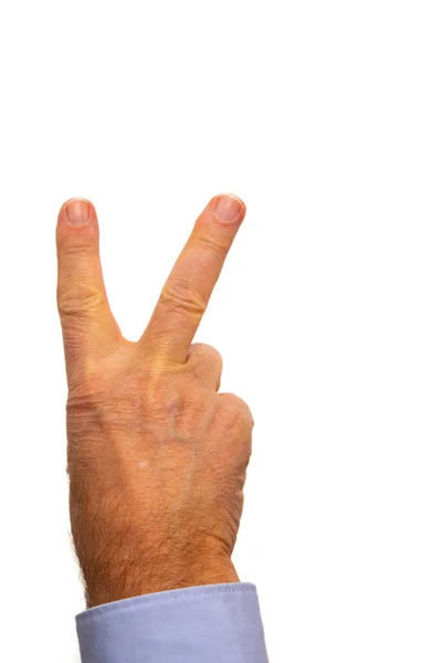 Isolated Shot Human Hand Fingers Showing Victory Sign Front White — Stock Photo, Image