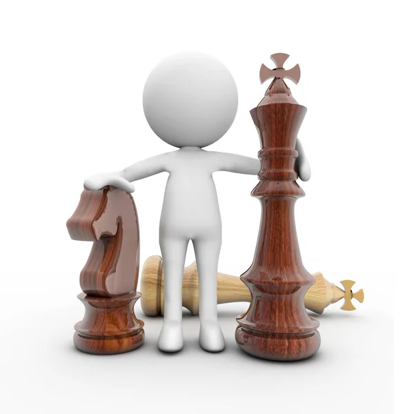 Render White Figure Holding Chess Pieces White Background — Stock Photo, Image