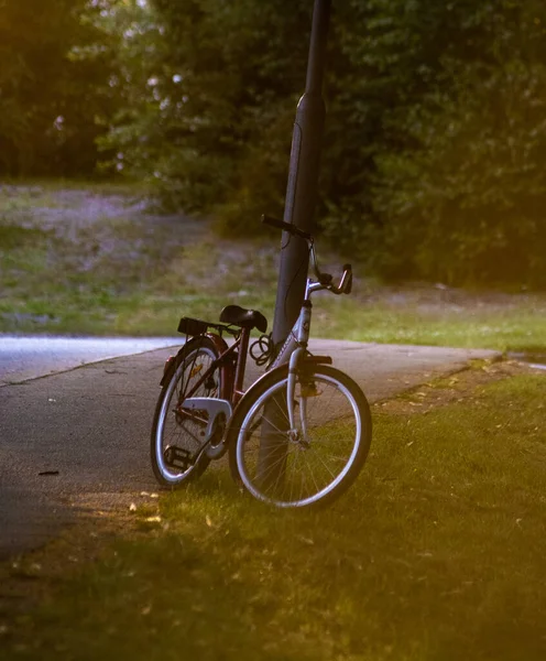 阳光下看到的公园里靠在金属柱子上的自行车 — 图库照片