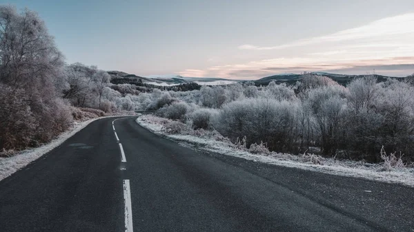겨울에 스코틀랜드의 서리가 뿌려진 나무들에 도로의 — 스톡 사진