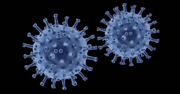 Sebuah Rendering Sel Sel Coronavirus Biru Pada Latar Belakang Gelap — Stok Foto