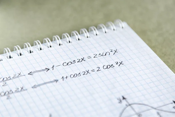 Primer Plano Fórmulas Trigonométricas Escritas Cuaderno —  Fotos de Stock