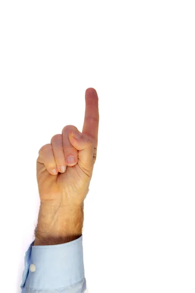 Tiro Vertical Isolado Uma Mão Humana Com Dedos Apontando Para — Fotografia de Stock