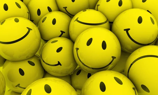 An illustration of an abundance of yellow sphere smiley faces