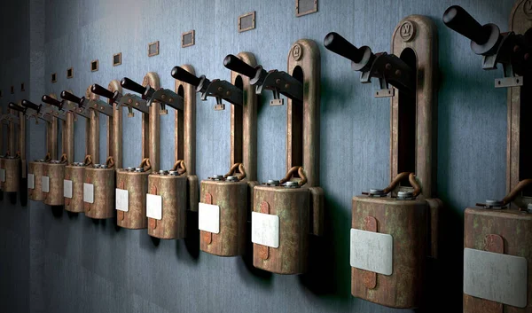 Een Weergave Van Een Rij Oude Elektriciteitshendels — Stockfoto