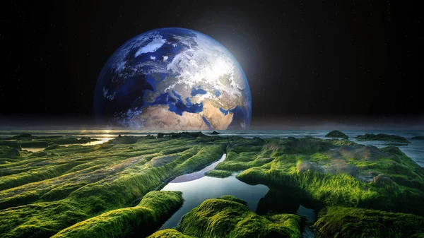 A 3D rendering of the Earth with green space on foreground