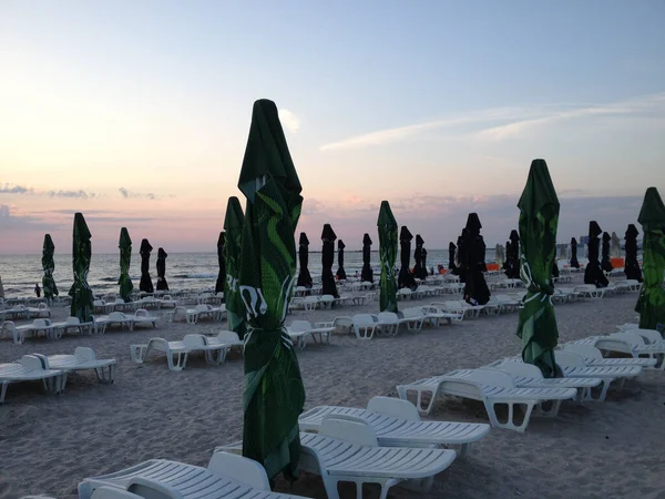 Mamaia Romania Aug 2017 Esernyők Strandon Reggel Tengerpart — Stock Fotó