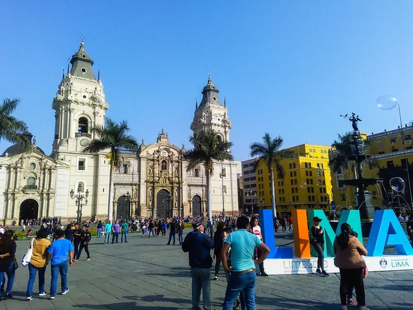 Lima Perú Noviembre 2019 Lima Perú Basílica Catedral Letrero Turistas —  Fotos de Stock