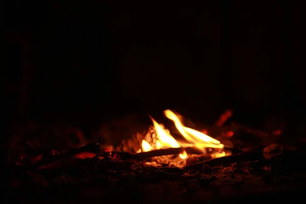 黒い背景のたき火の明るい炎のクローズアップショット — ストック写真
