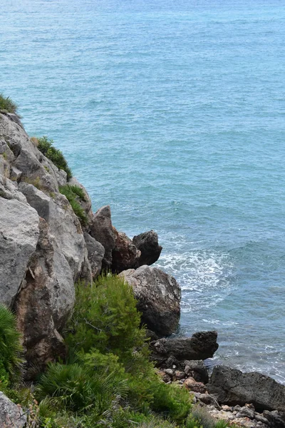 一个有悬崖 草和岩石的海岸的垂直截图 — 图库照片