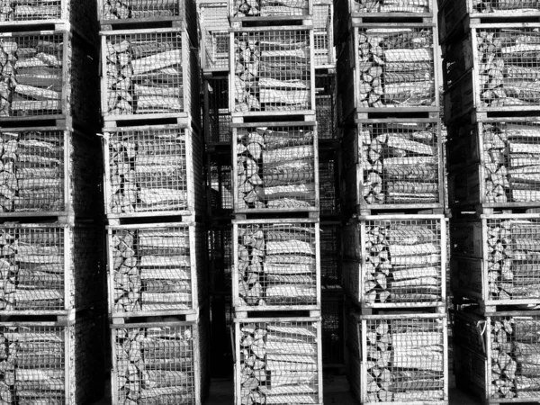 Grayscale Shot Lot Storage Boxes Firewood Factory Daytime — Stock Photo, Image