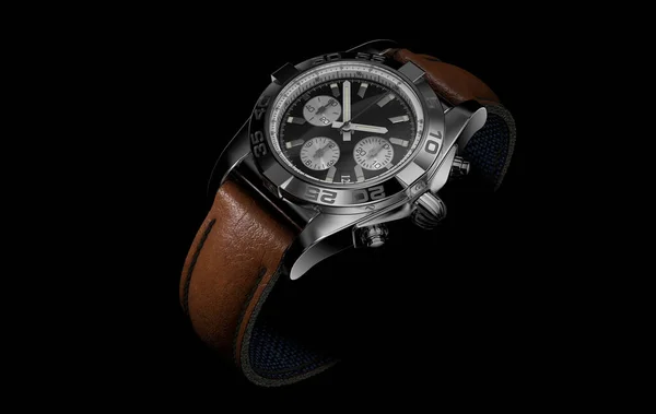 Rendering Orologio Con Cinturino Pelle Marrone Sfondo Nero — Foto Stock