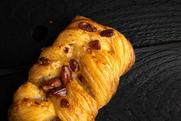 High Angle Shot Delicious Pastry Walnuts Black Wooden Surface — Stock Photo, Image