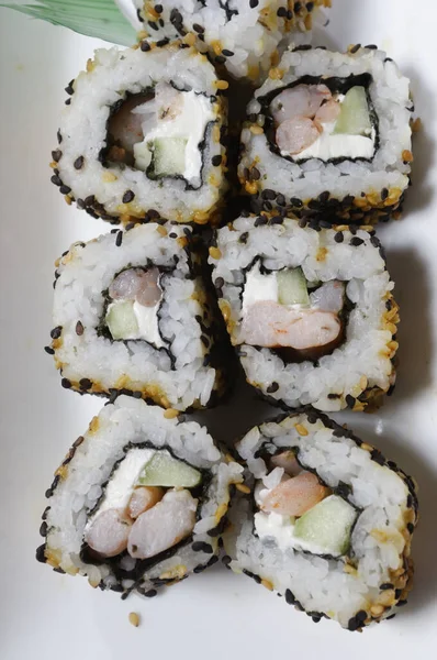 Top View Tasty Sushi Rolls Black White Sesame Seeds White — Stock Photo, Image