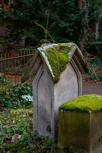 Disparo Vertical Altura Los Ojos Una Lápida Musgosa Cementerio — Foto de Stock