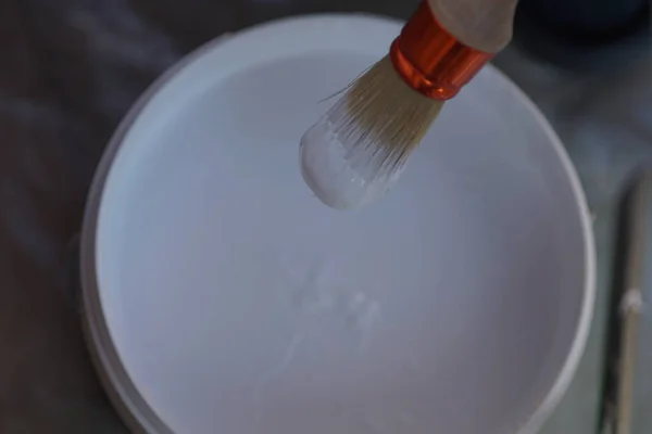 Closeup Someone Dipping Paintbrush White Colored Paint — Stock Photo, Image