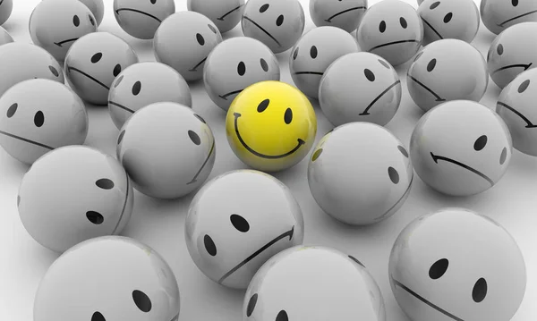 Render One Smiley Face Surrounded Grey Sad Faces — Stock Photo, Image