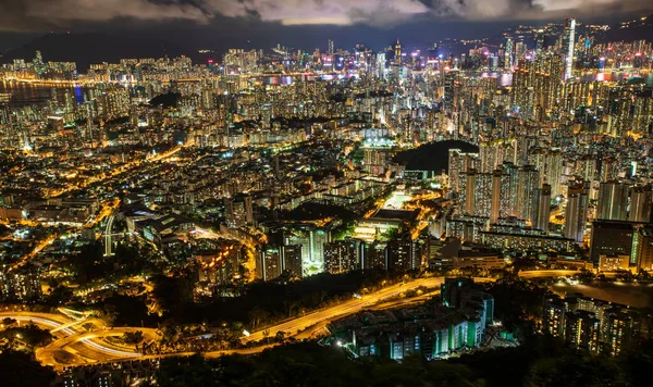 Μια Όμορφη Εναέρια Λήψη Των Φώτων Του Χονγκ Κονγκ Νύχτα — Φωτογραφία Αρχείου