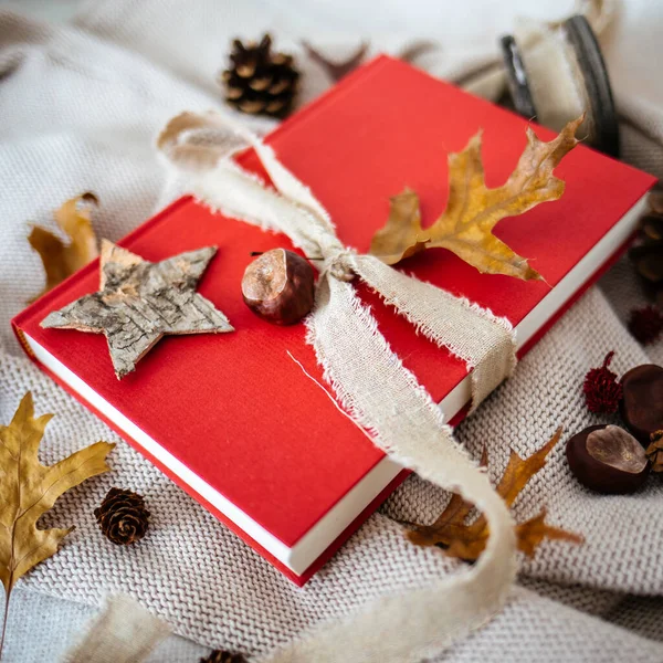 Primo Piano Libro Con Una Copertina Rossa Sul Tavolo Con — Foto Stock