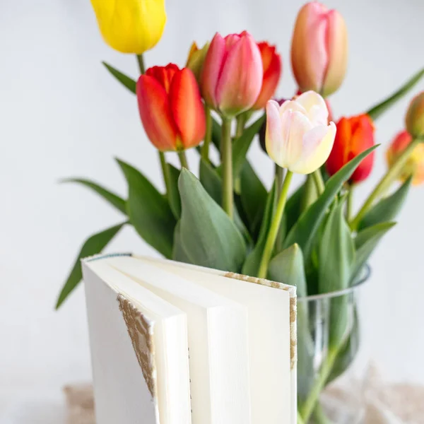 Zbliżenie Kolorowych Tulipanów Wazonie Książka Białym Tle — Zdjęcie stockowe