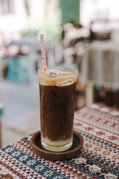 Vertical Shot Iced Coffee Foam Top Paper Straw — Stock Photo, Image