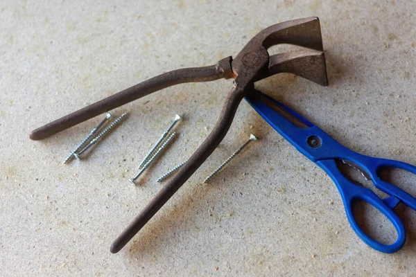 Closeup Old Rusty Plier Scissors Screws Ground — Stock Photo, Image